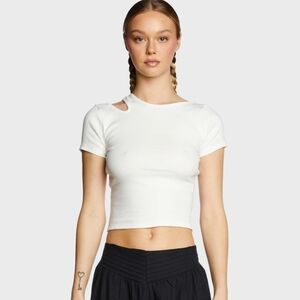 NWT WOMEN'S MOTEL YUJI CUTOUT WHITE RIBBED CROP TOP T SHIRT SZ S $48